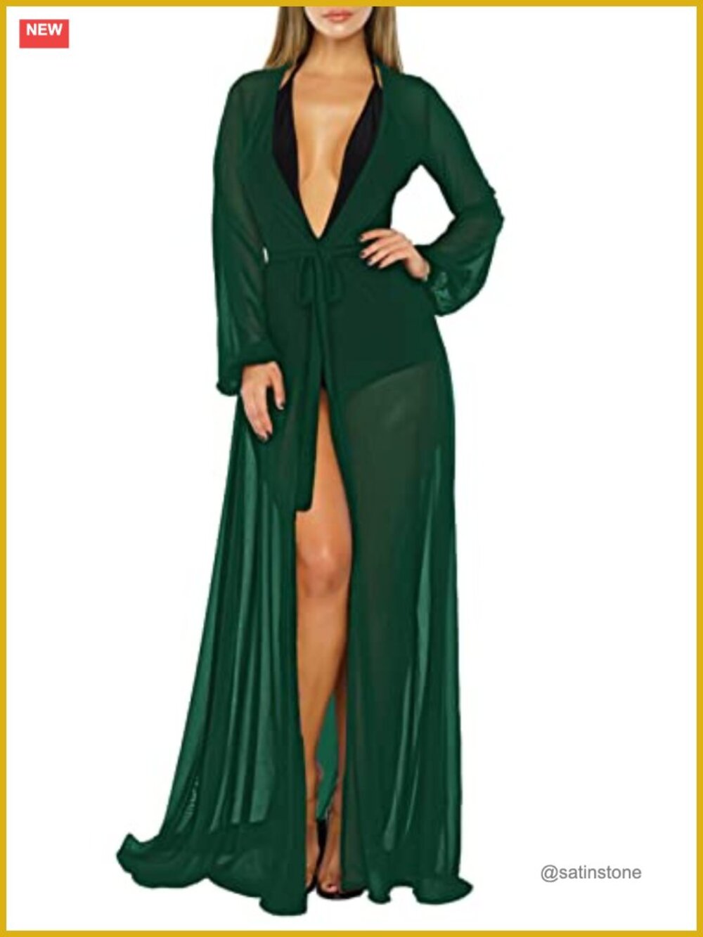 Women's Maxi Swim Cover Up Robe Long Sleeve Flowy Tie Front